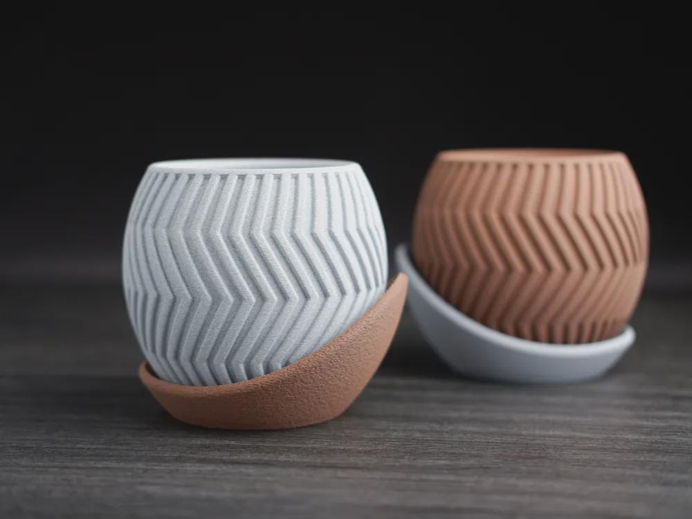Modern Zig Zag Planter with Wrap Around Plate, Geometric Indoor Pot