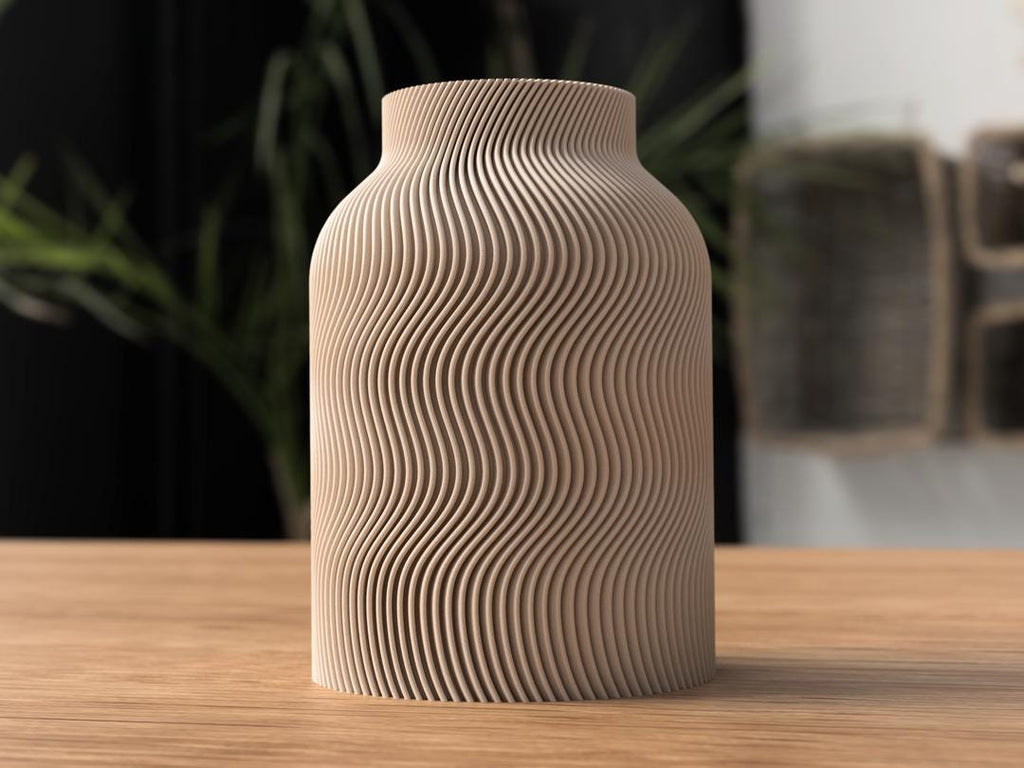 Ribbed Wave Vase, 3D Printed Sculptural Decor, Boho Shelf Styling (Dried Flowers)