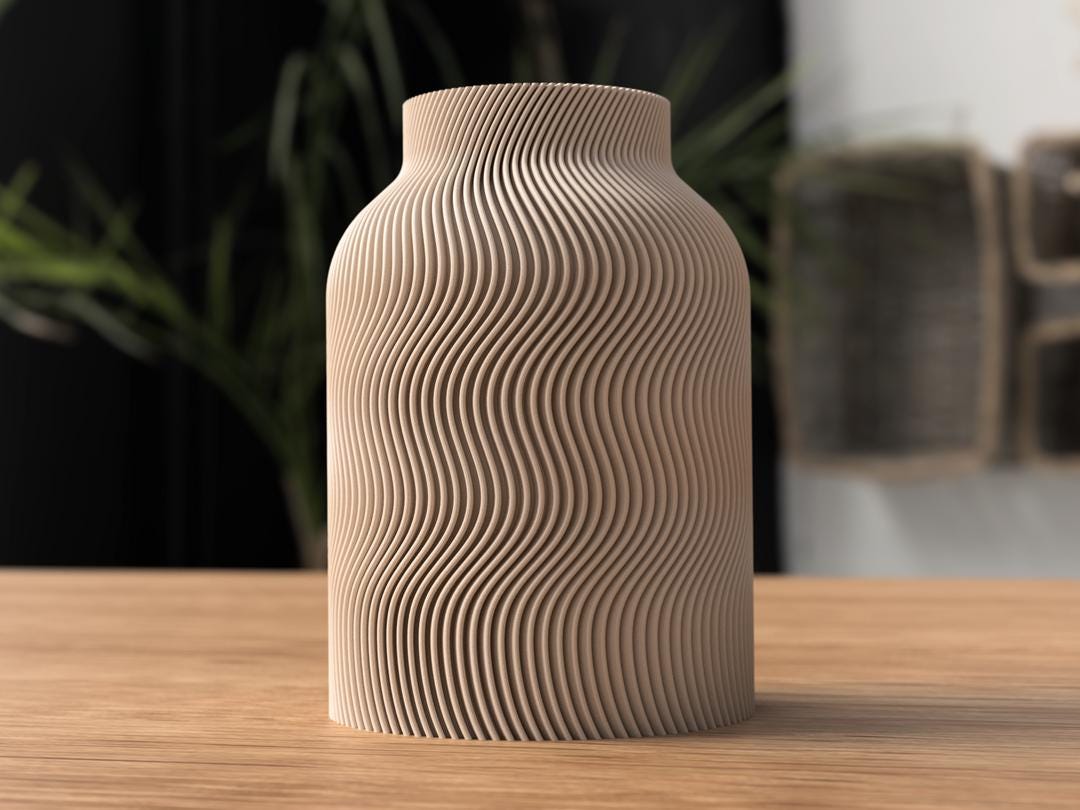 Ribbed Wave Vase, 3D Printed Sculptural Decor, Boho Shelf Styling (Dried Flowers)