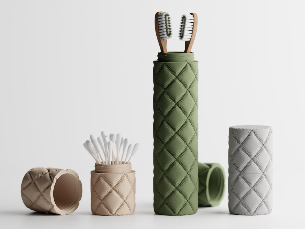 Quilted Toothbrush Travel Case, 3D Printed Toothbrush Holder, Cotton Swab Container, Minimalist Bathroom Organiser
