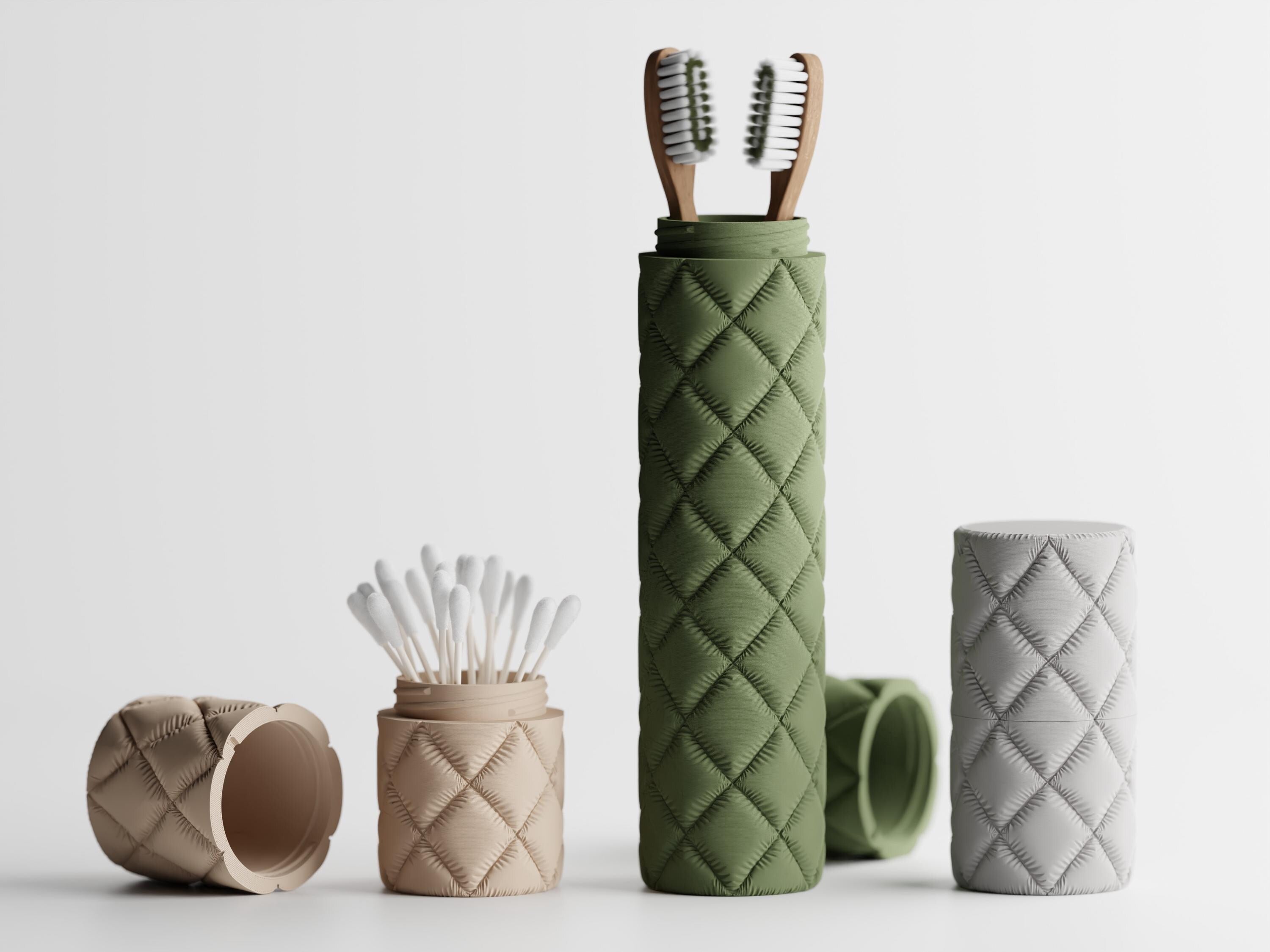 Quilted Toothbrush Travel Case, 3D Printed Toothbrush Holder, Cotton Swab Container, Minimalist Bathroom Organiser