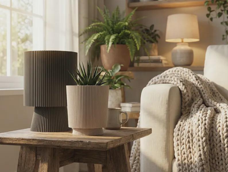 Japandi Ribbed Planter with Drip Tray – 3D Printed Minimalist Decor