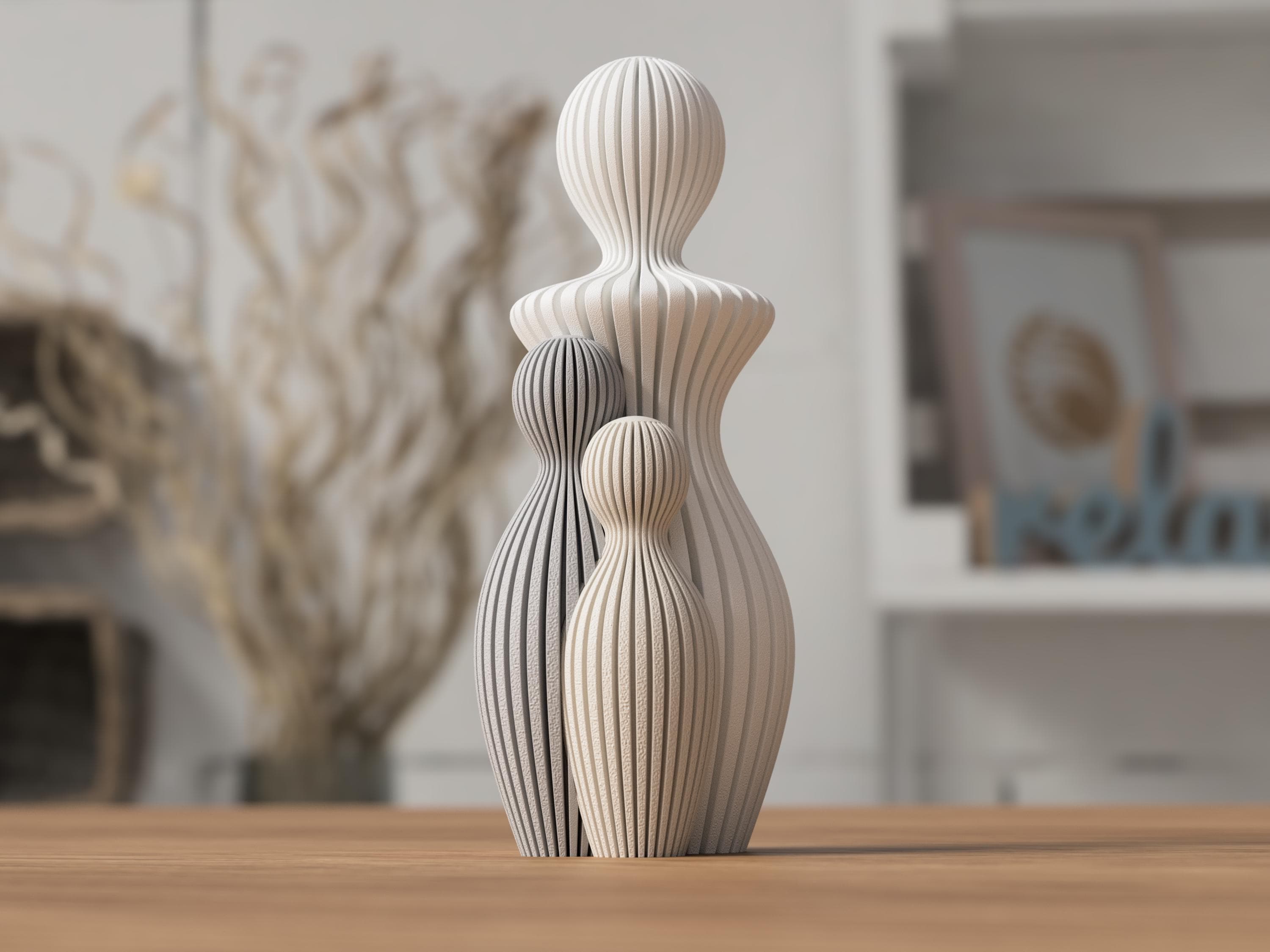 Ribbed Family Sculpture: Modern Minimalist Statue