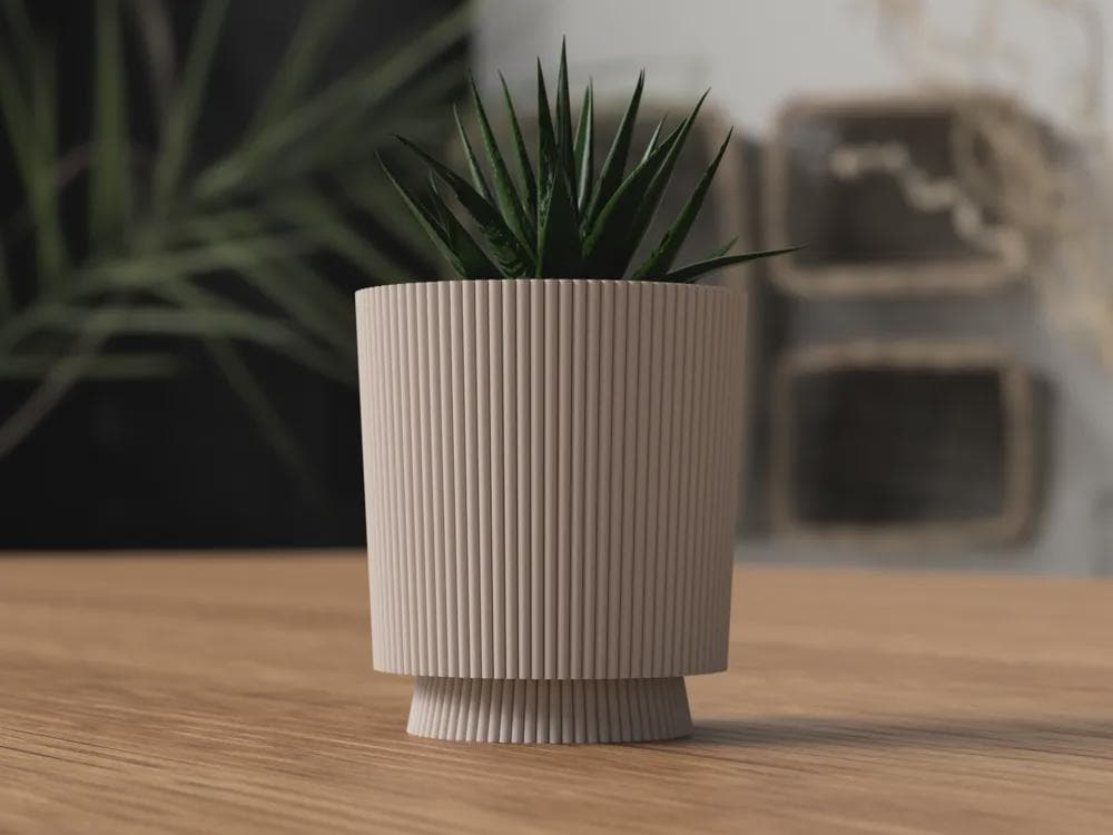 Japandi Ribbed Planter with Drip Tray – 3D Printed Minimalist Decor