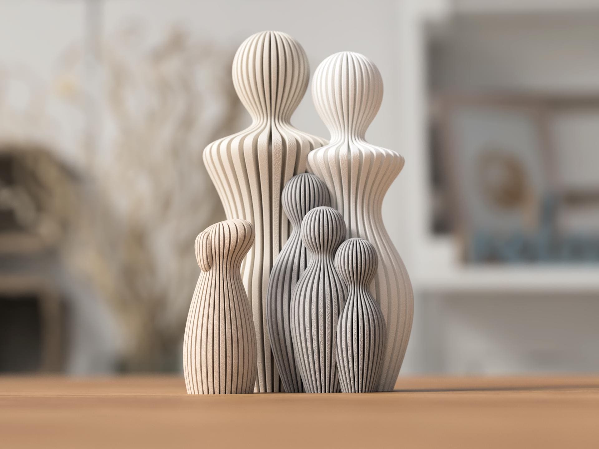 Ribbed Family Sculpture: Modern Minimalist Statue