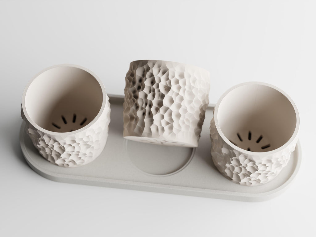 Piccola Trio Planter Set with Tray – Modern Textured Succulent Pots | Minimalist Indoor Plant Decor