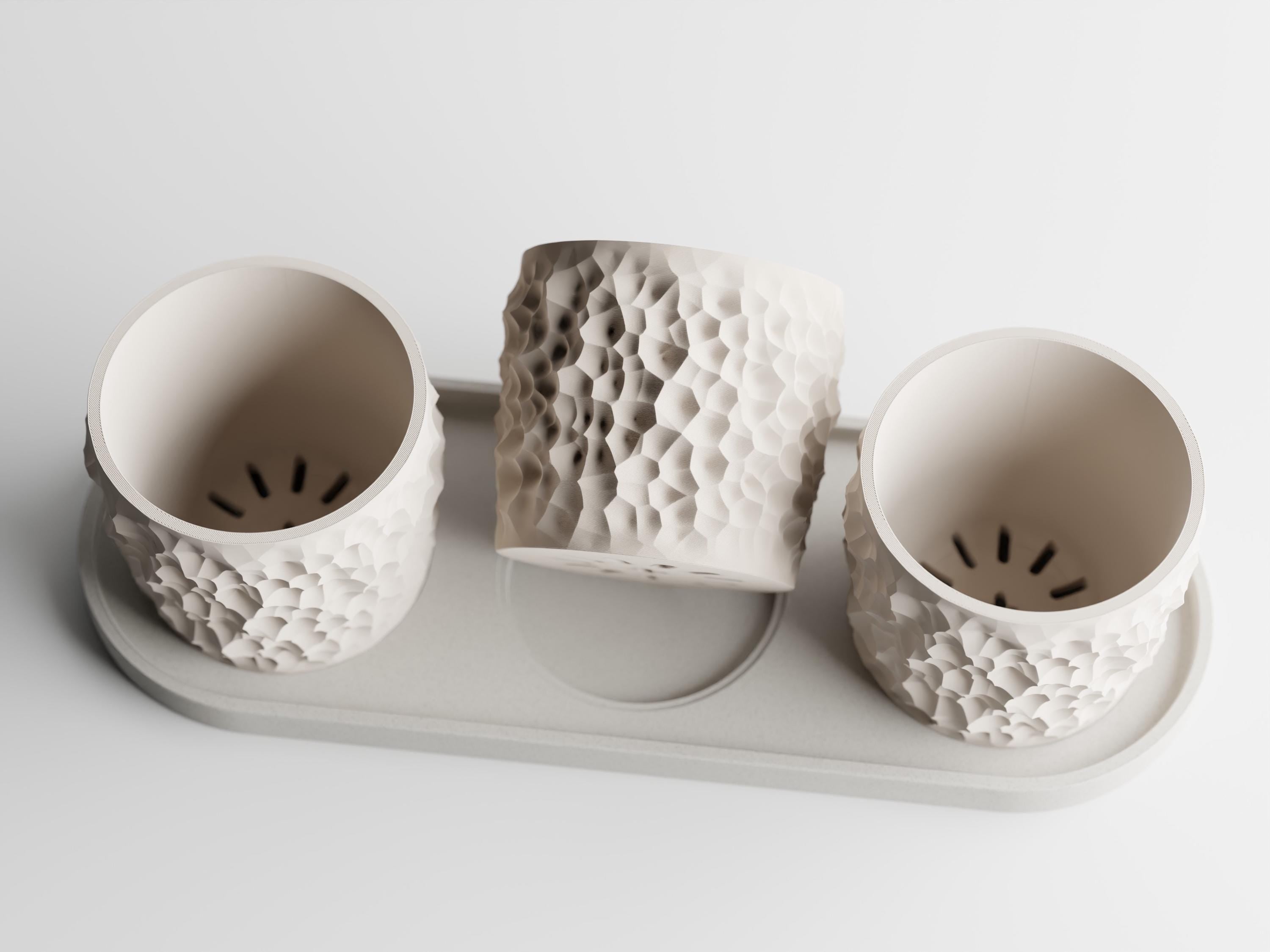Piccola Trio Planter Set with Tray – Modern Textured Succulent Pots | Minimalist Indoor Plant Decor