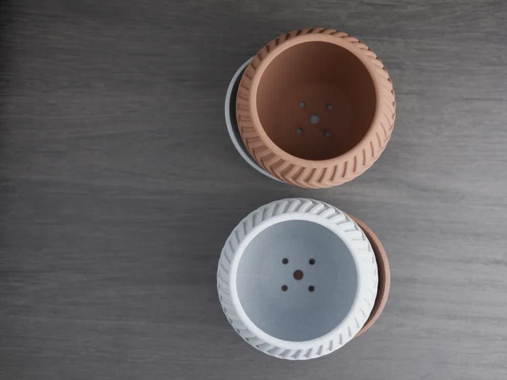 Modern Zig Zag Planter with Wrap Around Plate, Geometric Indoor Pot