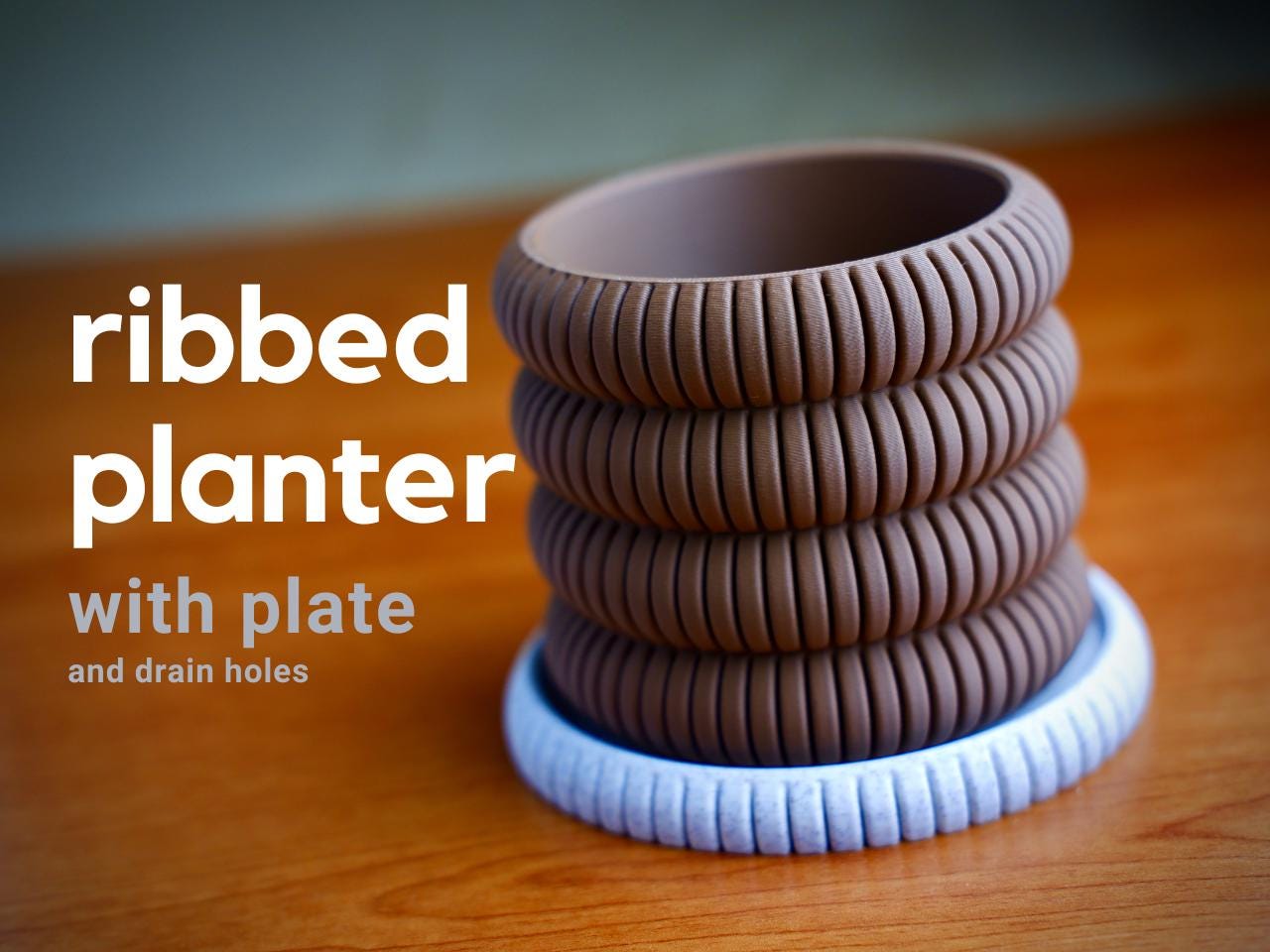 Ribbed Planter with Drainage Plate | 3D Printed Modern Minimalist Plant Pot | Small Succulent Planter